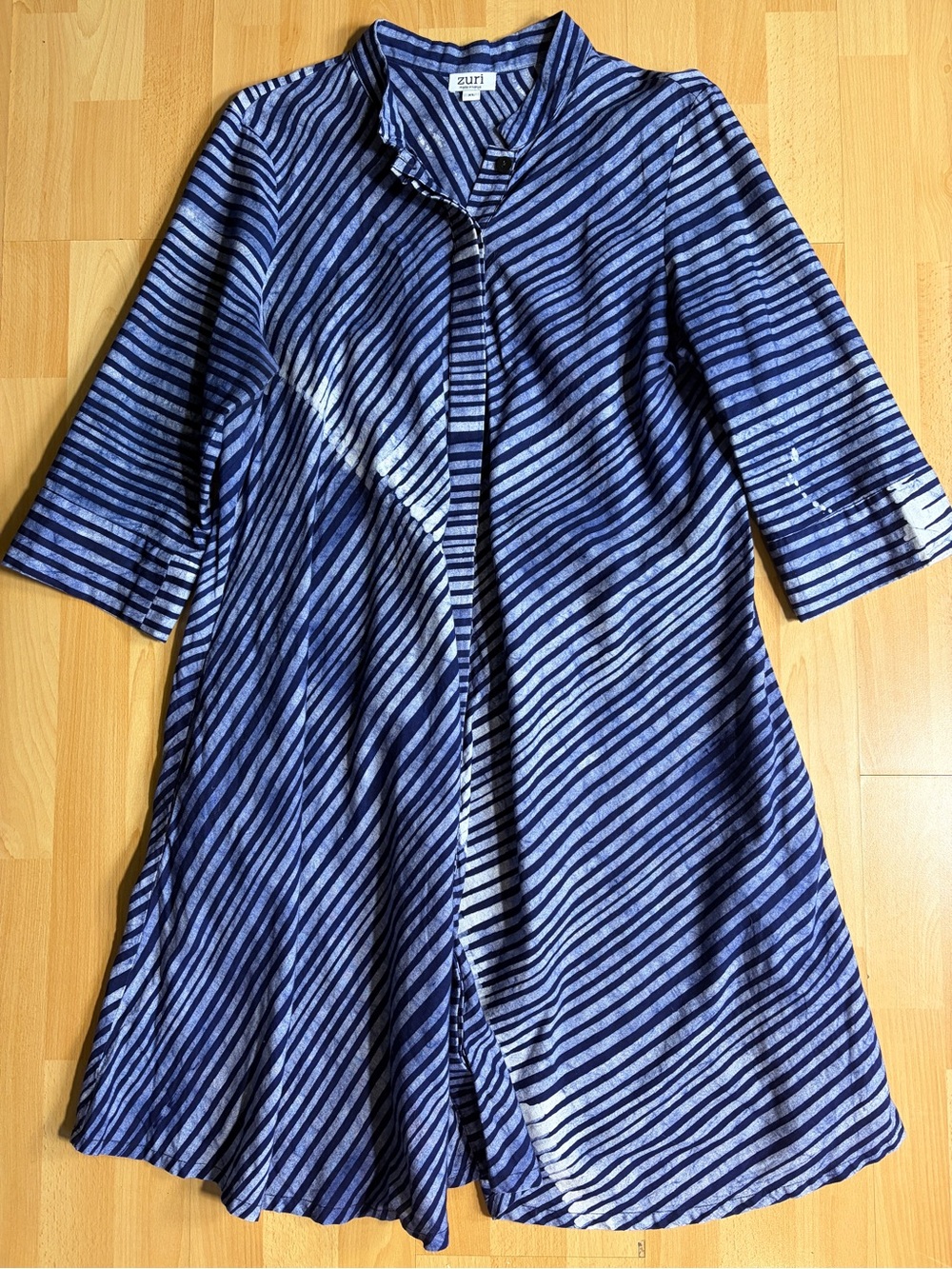 Zuri Blue & White Striped Cotton Batik Hand Printed Dress Pockets Coastal
